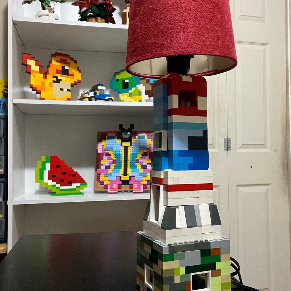 Colorful LEGO Lamp with Red Shade